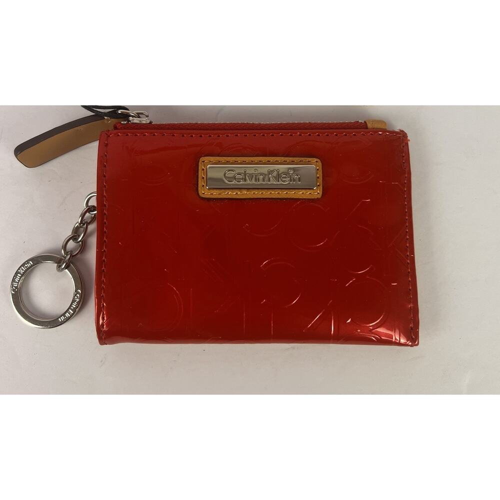 Calvin Klein CK Logo Signature Card Case Coin Purse Keyring Red Patent Leather
